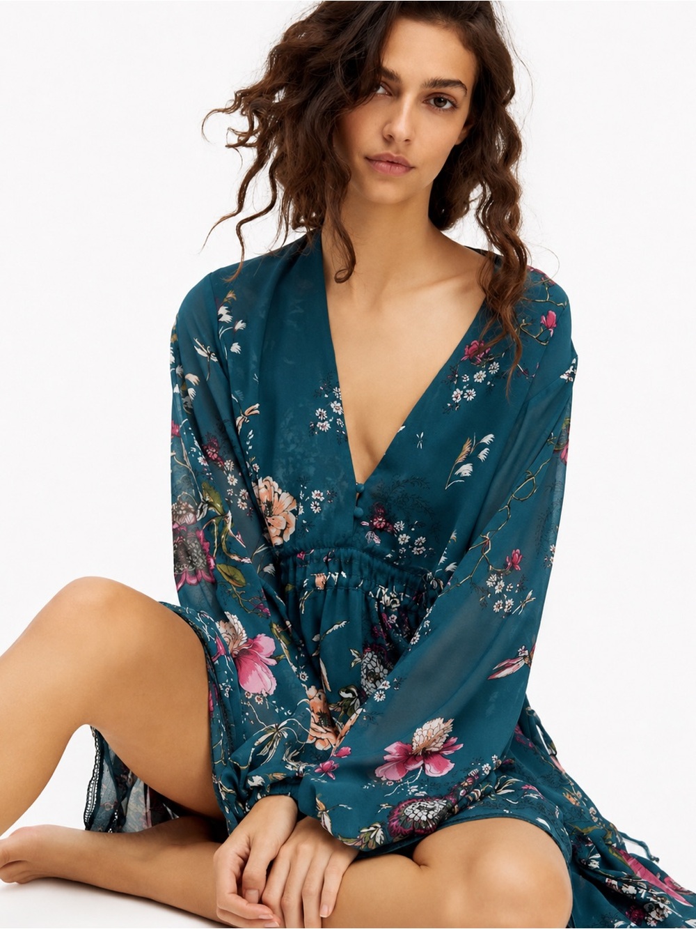 Free People Cherry Blossom Mini Lined Dress Tunic Emerald Combo XS Boho NWT